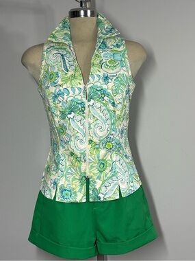 French Laundrygytggxbv Green and White Floral Paisley Zip-Front Camisole
